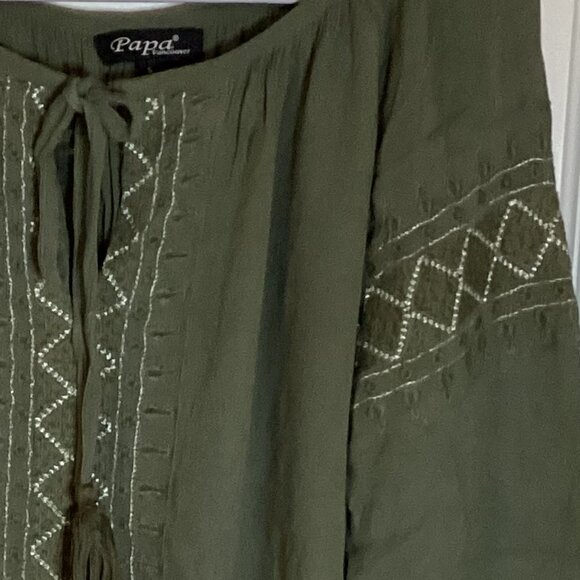 Papa Vancouver Women's Top Blouse With Embroidery Boho Peasant Olive Green - Picture 4 of 7
